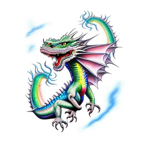 Irridescent Dragon With 4 Legs Standing On The Mountains