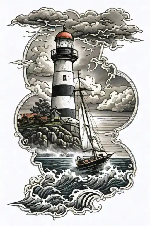 Sailboat And Lighthouse In A Storm Clouds