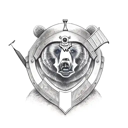 Bear Wearing A War Helmetand Fighting A Knight