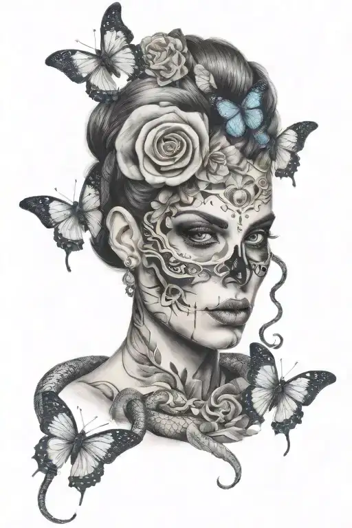 Half Skull Woman Face With Taurus Symbol Butterflies And Snakes