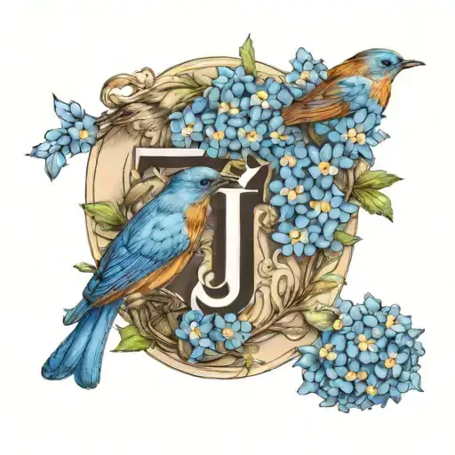 The Letter J Made Of Forget-me-not Flowers With A Robin Resting In It