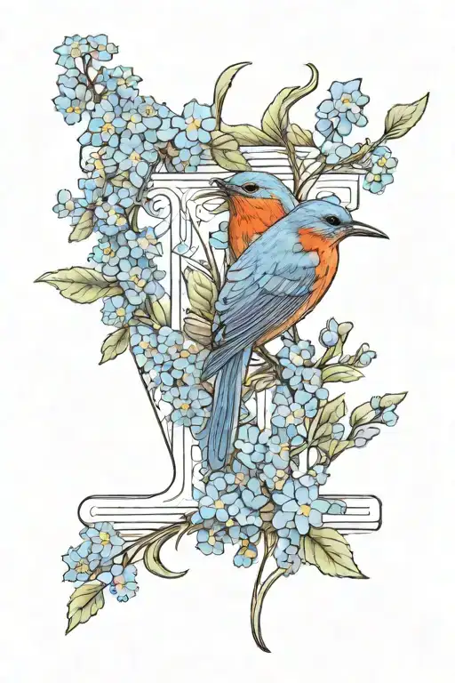 The Letter J Made Of Forget-me-not Flowers With A Red Robin Resting In It