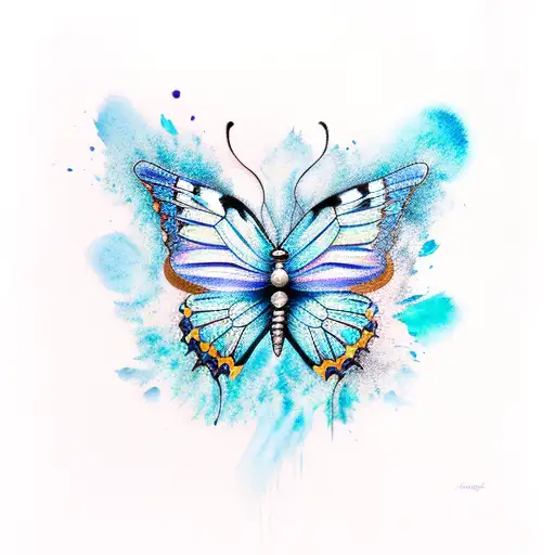 And A Beautiful Butterfly Painted In Turquoise Blue Monochromatic Watercolor