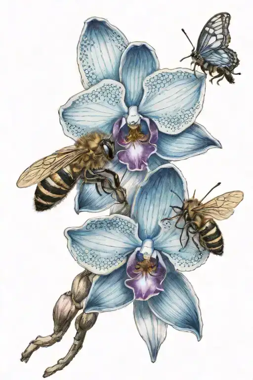 Blue Orchid And Bee Flying