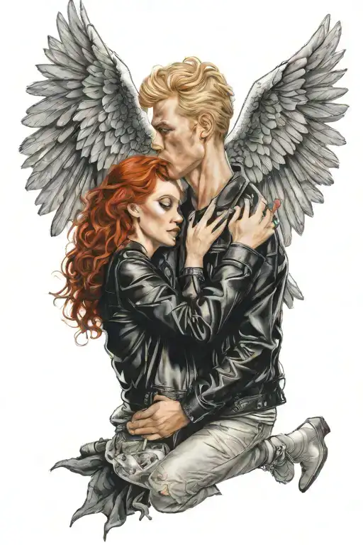 A Blonde Man With Leather Jacket Is Kissing A Beautiful Woman With Red Hair They Have Angel Wings