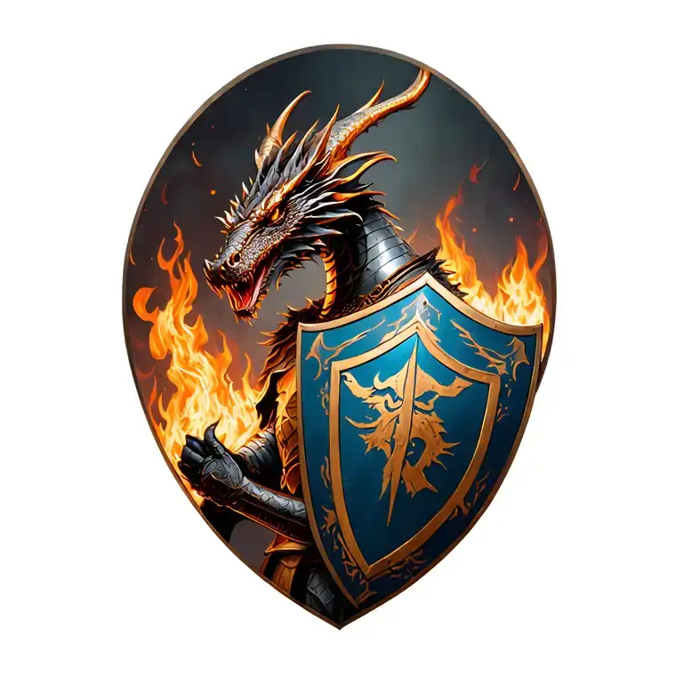 Knight Using Shield To Stop Flames From Fire Breathing Dragon