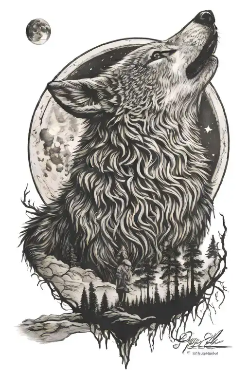 Wold Standing And Howling At Large Full Moon In Background