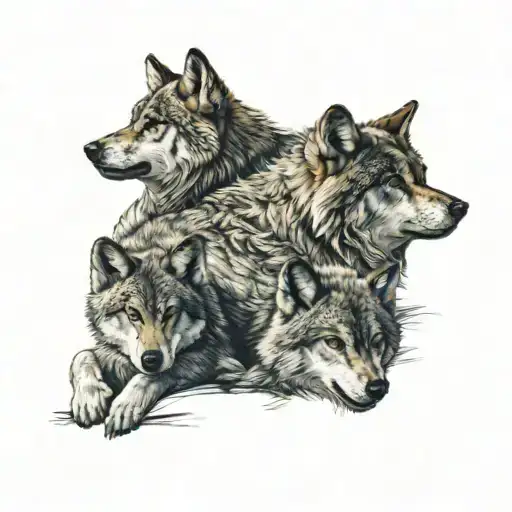 Wolf With Three Cubs Playing