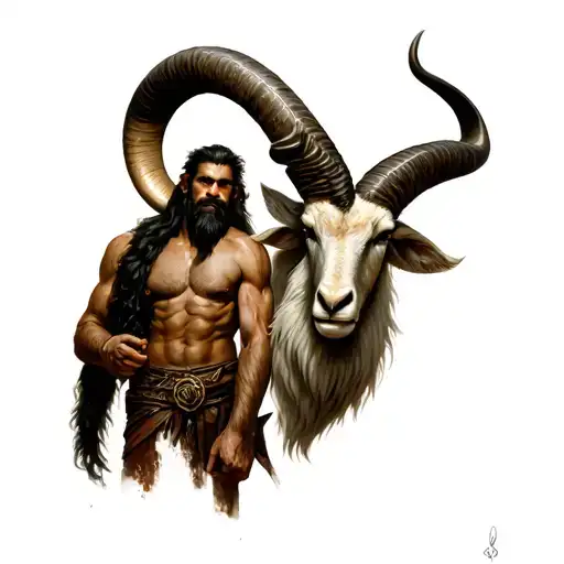 A Cave Man Who Holds A Capricorn By His Horn With A Need Above Him