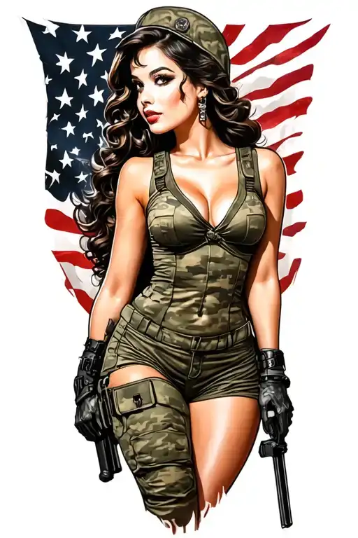 Full Body Army Pin Up Girl Black And Grey