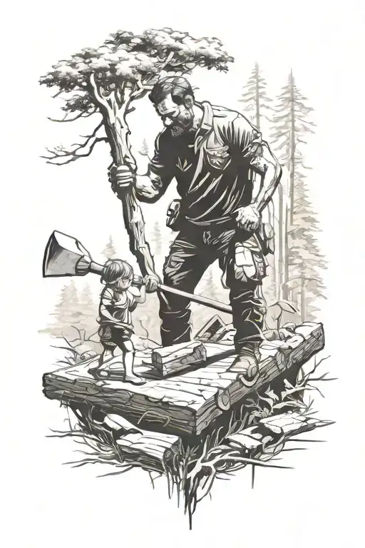 Forest With A Man And A Child In The Foreground Cutting Wood With An Axe