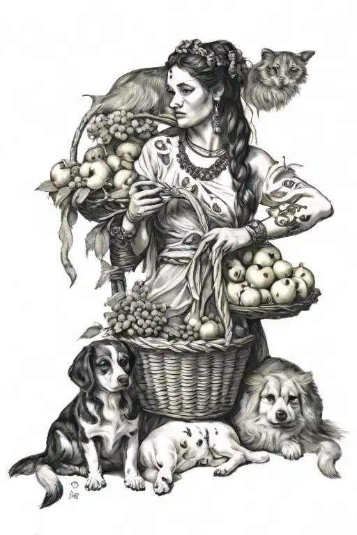 Goddess Nehalennia With A Basket Of Appels And A Dog