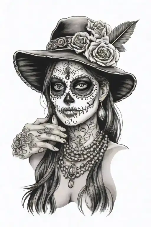 Day Of Dead Mask On Woman Holding Rosary