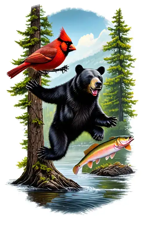 Black Bear And Cardinal By Tree With Brook Trout Jumping