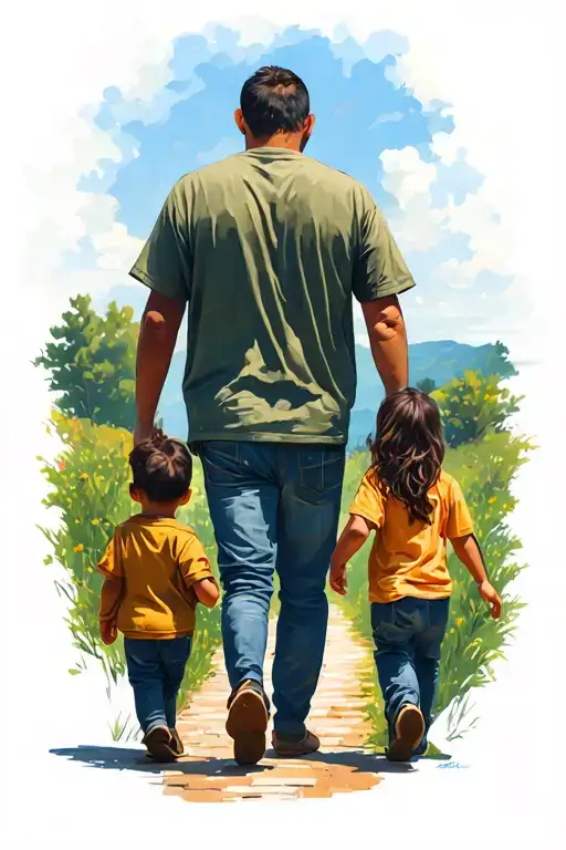 A Man And Two Children Walking Down A Path