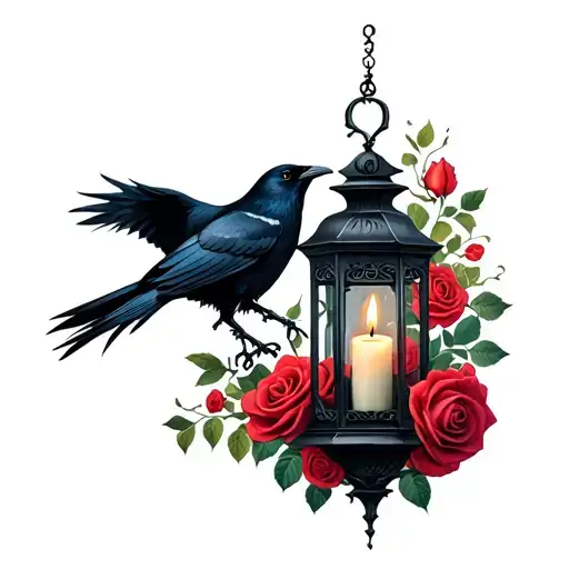 A Gothic Lantern With A Candle Inside Surrounded By Dying Roses And A Raven