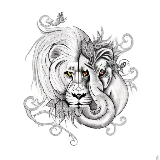 Gothic Lion And Elephant With Plants