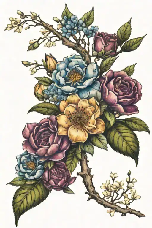 Five Colored Flowers With Tree Branch Representing A Different