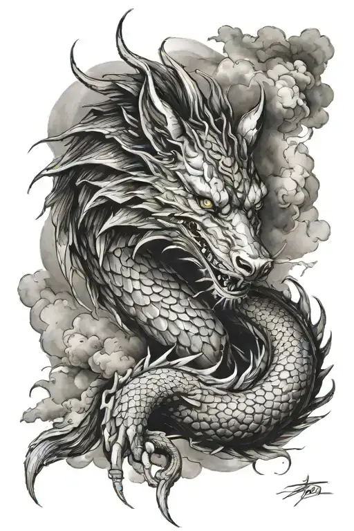 Dragon Wrapped Around A Wolf With Storm Clouds In The Back