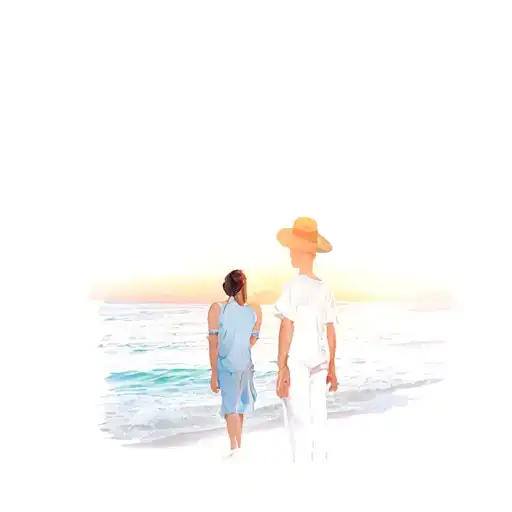 Two People Standing On The Beach At Sunset