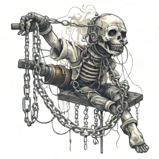 A Black And Grey Broken Marionette Doll That Has Chains For Strings And Is On Fire