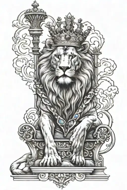 Lion With Crown And Jewels On A Throne With Clouds And Lighting