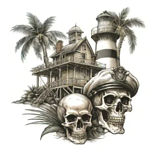 Light House With Palm Trees And Skull With Hard Hat