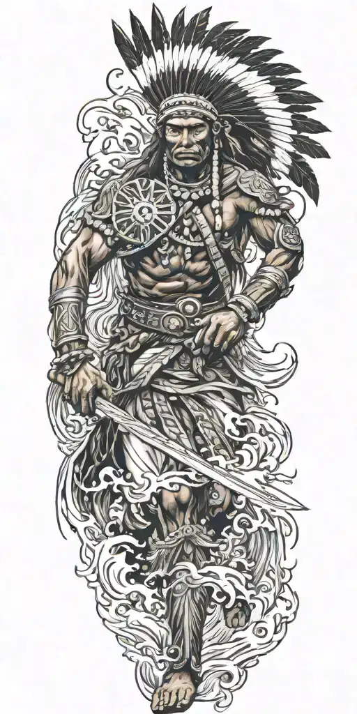 Native American Warrior Battling Fierce Waves And Dark