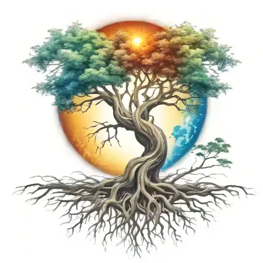 Tree Of Life In Full Colour With A Sun In The Background And Full Roots