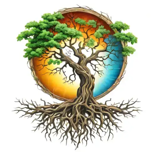 Tree Of Life In Full Colour With A Sun In The Background And Full Roots