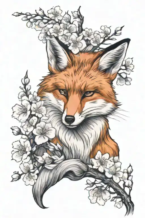 Cherry Blossom Flowers Kitsune Fox