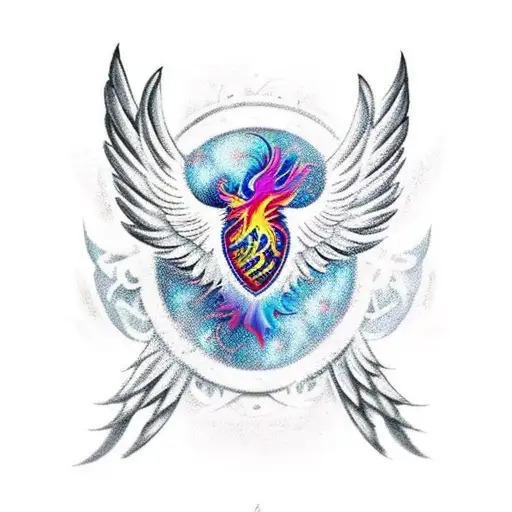 A Phoenix Rising From The Ashes With Philosophical Symbols Incorporated Into Its Wings
