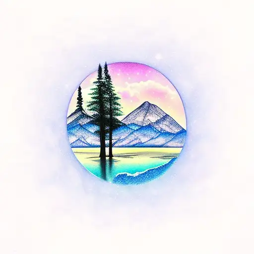 Mountains With Tree Reflection On Water Sky Aurora Boralis Stars