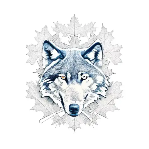 Sugar Maple Leaf In Autumn With Wolf Outline In The Middle In Arrows In The Background