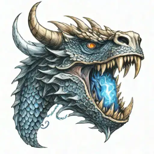 Metal Dragon Head Fire Breath In Viking Style With Bright Blue Flame Eyes