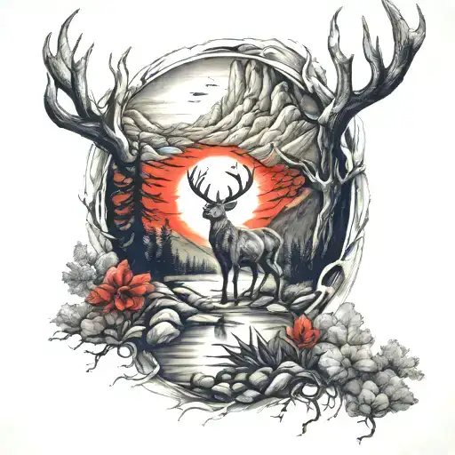 Deer Red Sun Moutain River Surrounded