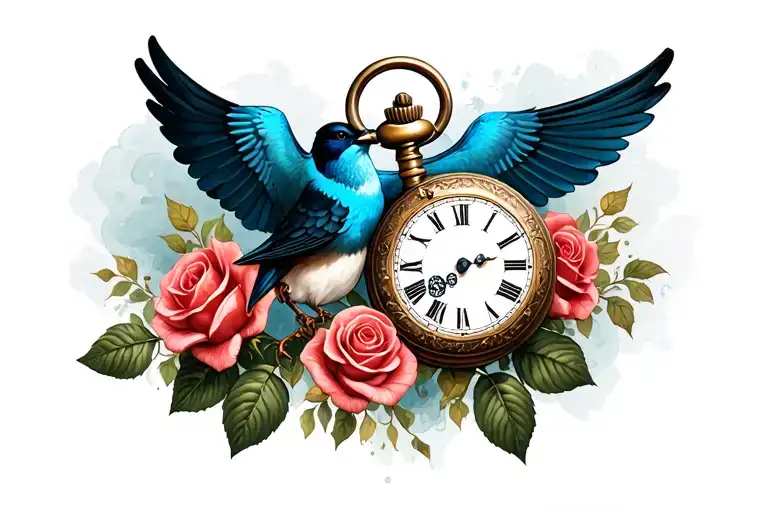 Pocket Watch Roses Steampunk Shaded Background And A Swallow Bird