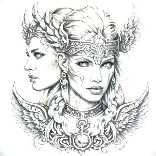 Beautiful Norse Viking Valkyrie With Blonde Hair Blue Eyes Tattoos Chains And Skulls