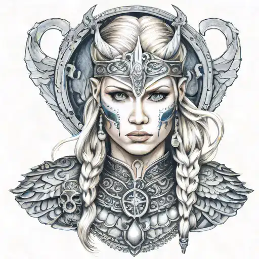 Beautiful Norse Viking Valkyrie With Blonde Hair Blue Eyes Tattoos Chains And Skulls