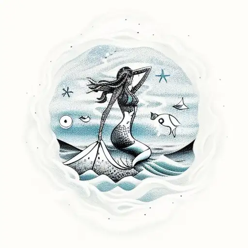 A Serene Beach Scene With A Mermaid Playing A Guitar Under A Starry Sky