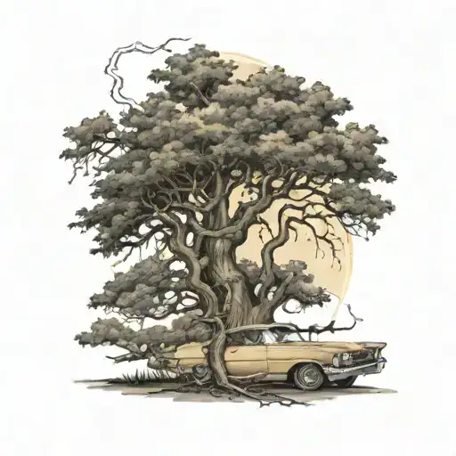 A Realistic Depiction Of A Lightning Bolt Striking A Tree With A Classic Car Parked Underneath