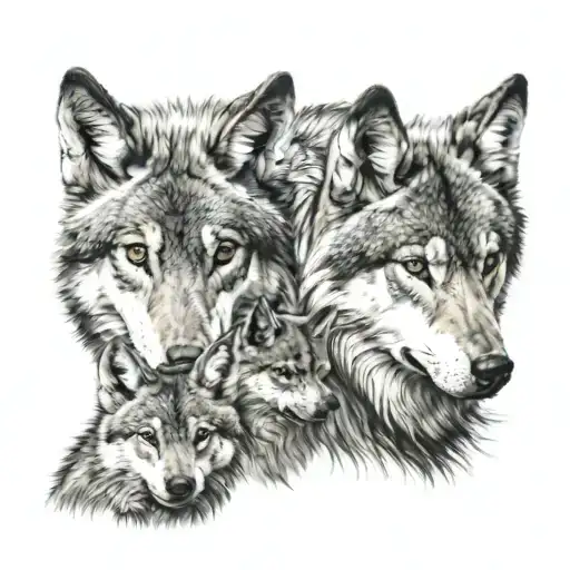 Mom Wolf And 2 Cubs Face Only