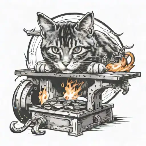 Cat Blacksmith With Anvil Surrounded By Flames