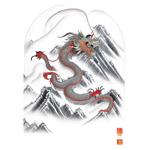 Chinese Mountain Ranges Featuring A Samurai And Dragon Flying Overhead