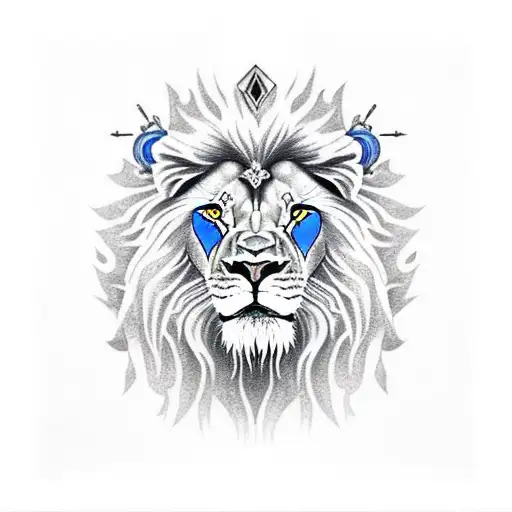 Lion Head With Blue Eyes And Lightning With Samurai Inside Of The Head With Armor And A Sword