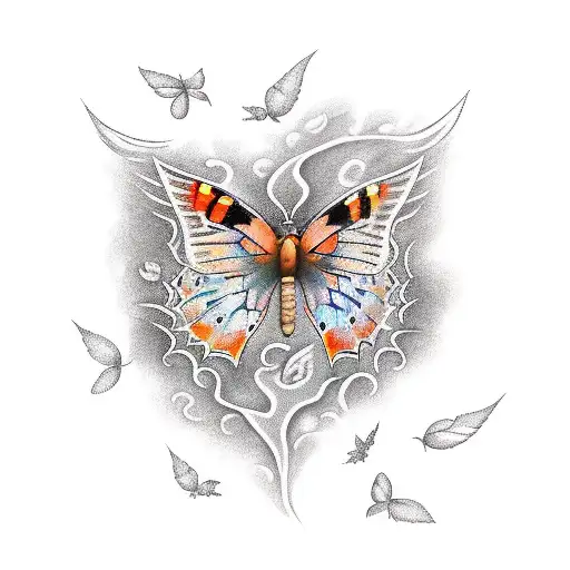 Wild Fire With Partly Burnt Leaves And Butterflies On Fire And Sparks Flying