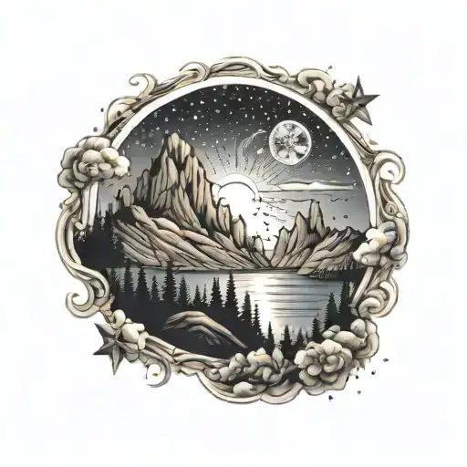 Sunset Between 2 Mountains With Starry Sky