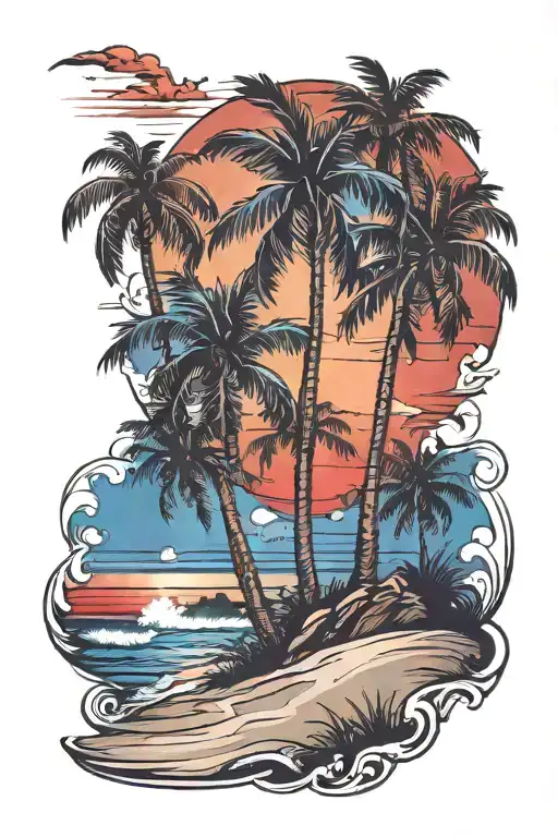 Beach Shore With Palm Trees Red And Blue Sunset Background