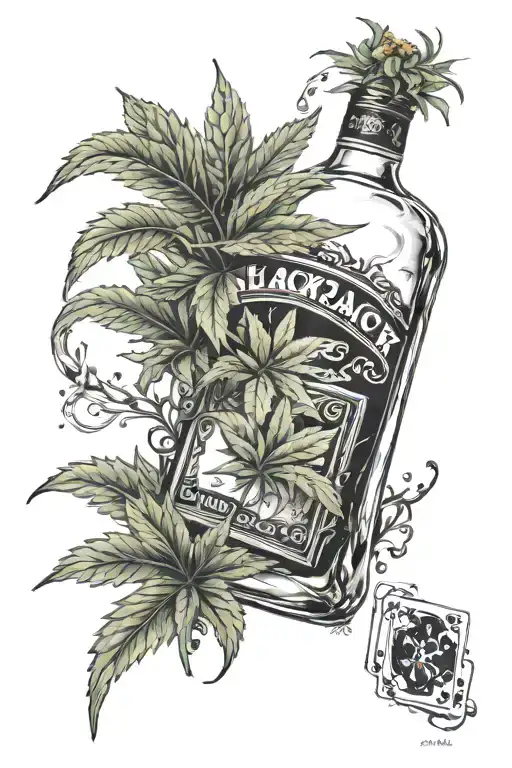 Blackjack Cards Weed Plant Growing Together Bottle Of Whiskey