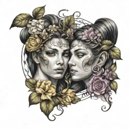 A Realistic Portrait Of A Gemini Twin Surrounded By A Wreath Of Colorful Flowers